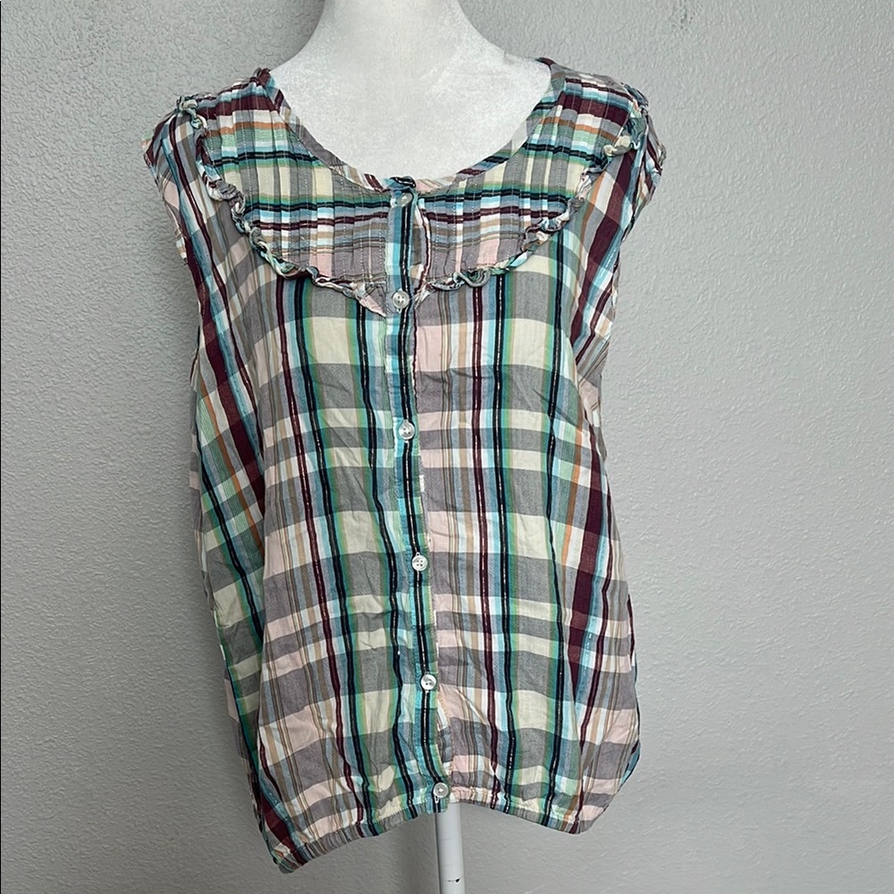 Okay Bib Front Sleeveless Plaid Blouse Size 10